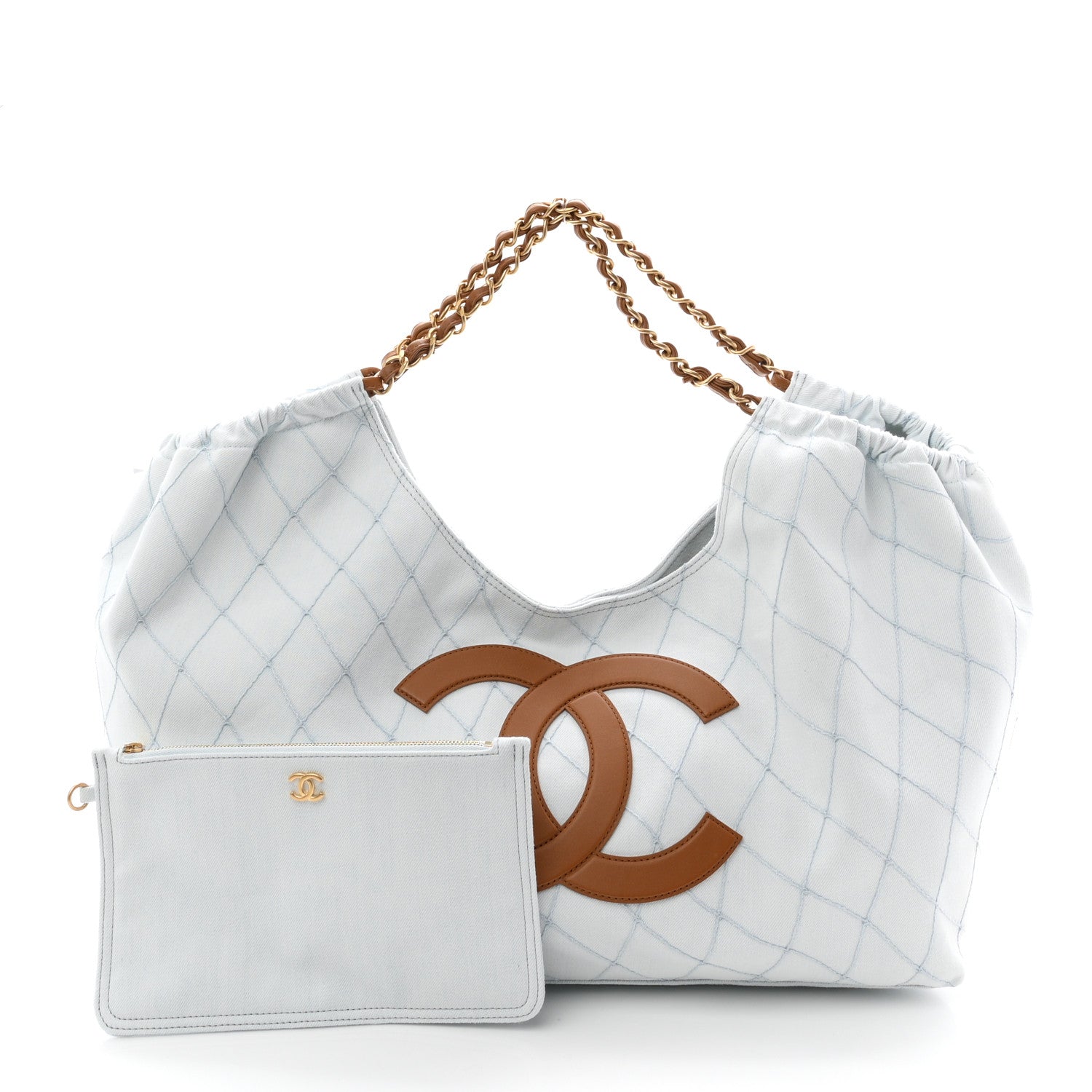 Chanel Denim Calfskin Quilted Coco Beach Small Shopping Tote Light Blue Brown 3 of 11