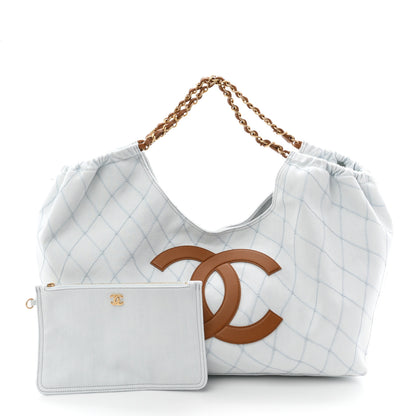 Chanel Denim Calfskin Quilted Coco Beach Small Shopping Tote Light Blue Brown 3 of 11