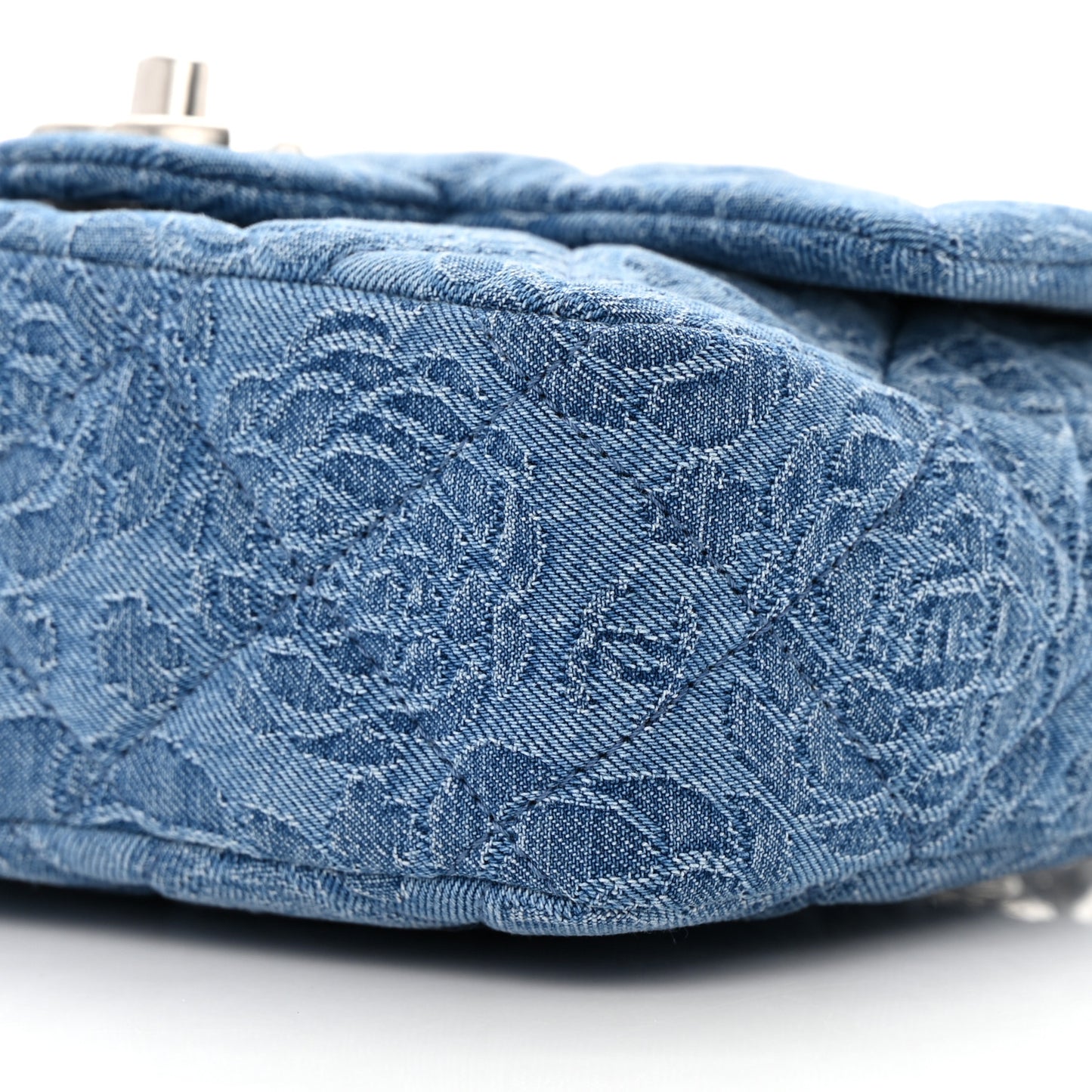 Denim Quilted Camellia Sweetheart Mini Flap Blue