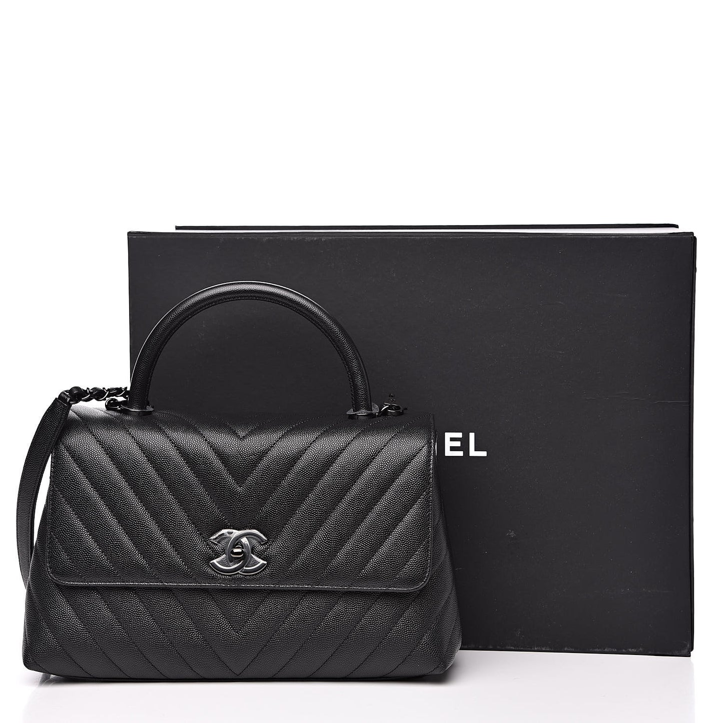 Caviar Chevron Quilted Small Coco Handle Flap Black