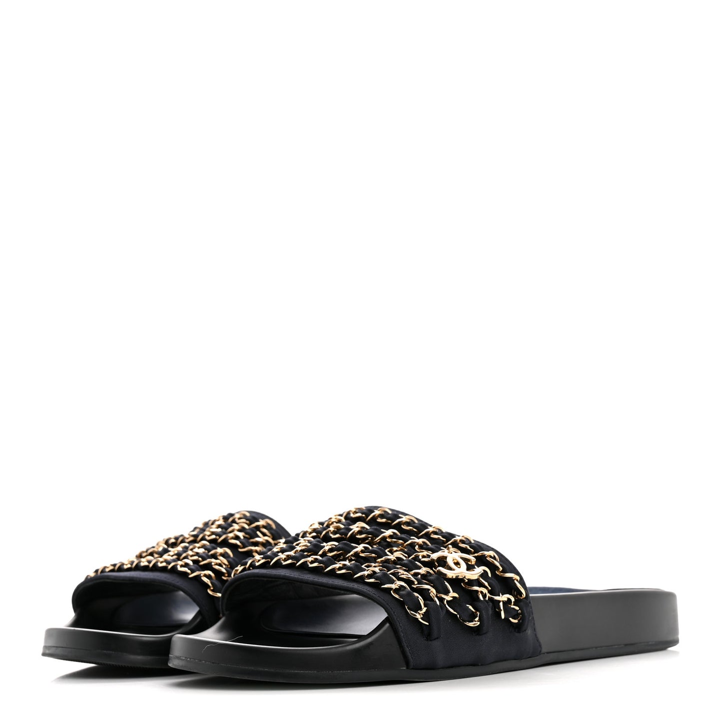 Satin Canvas Chain Slides Sandals Flats 39 Marine