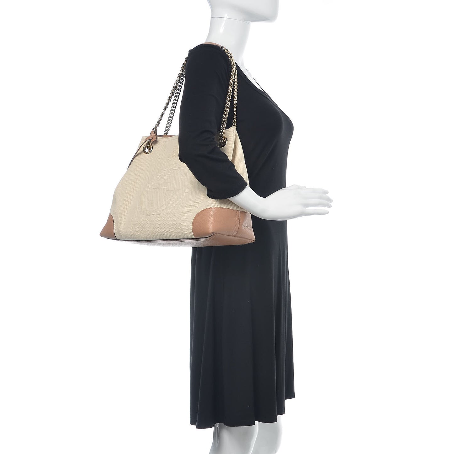 Linen Canvas Pebbled Calfskin Medium Soho Chain Shoulder Bag White Camelia