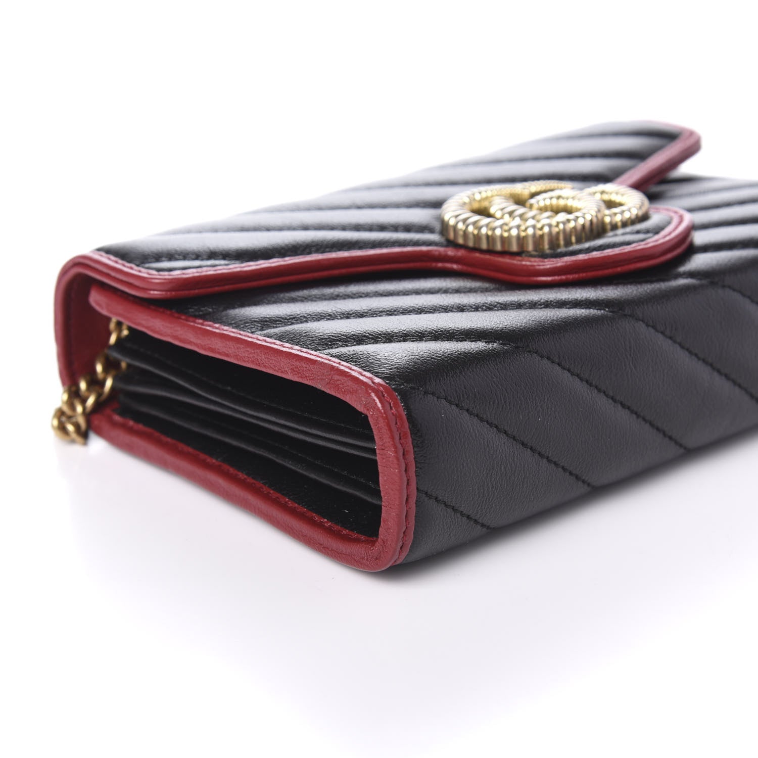 Gucci Vintage Effect Calfskin Matelasse Diagonal Torchon GG Marmont Chain Wallet Black Romantic Cherry 6 of 9