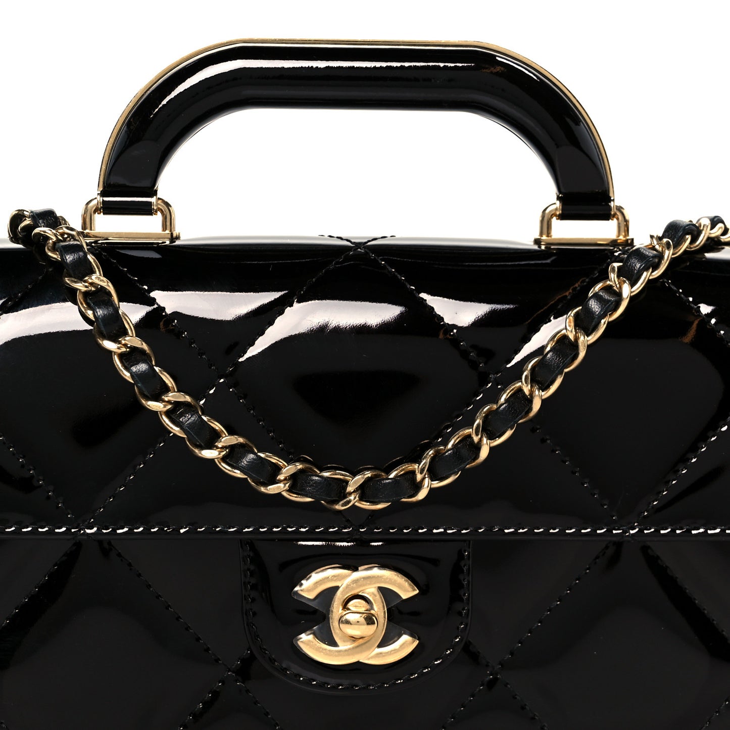 Metallic Mirror Calfskin Large Top Handle Clutch With Chain  Black