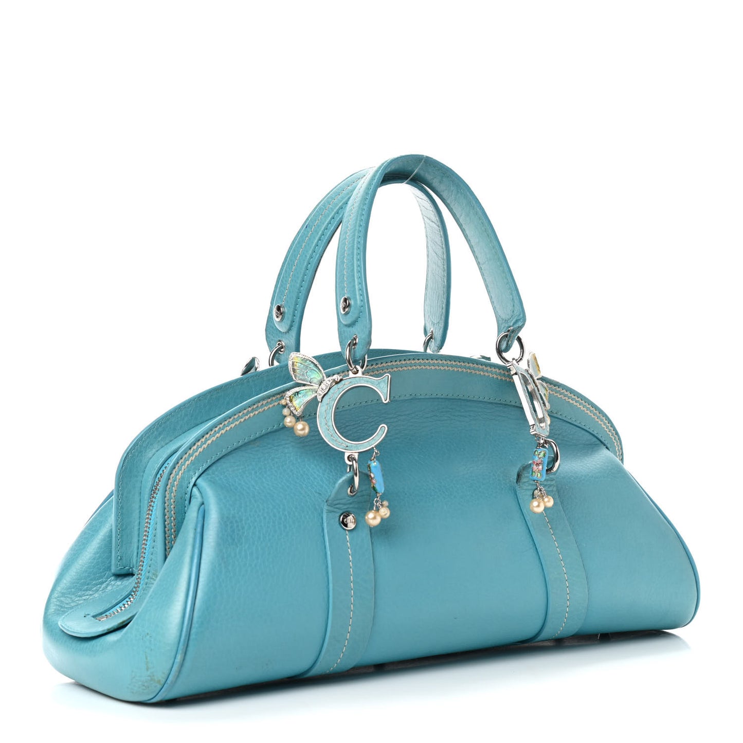 Calfskin Butterfly Pearls Frame Satchel Blue
