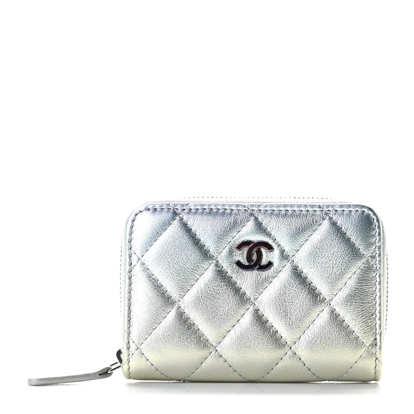 Gradient Metallic Calfskin Quilted Zip Around Coin Purse Wallet Silver Blue Yellow Purple