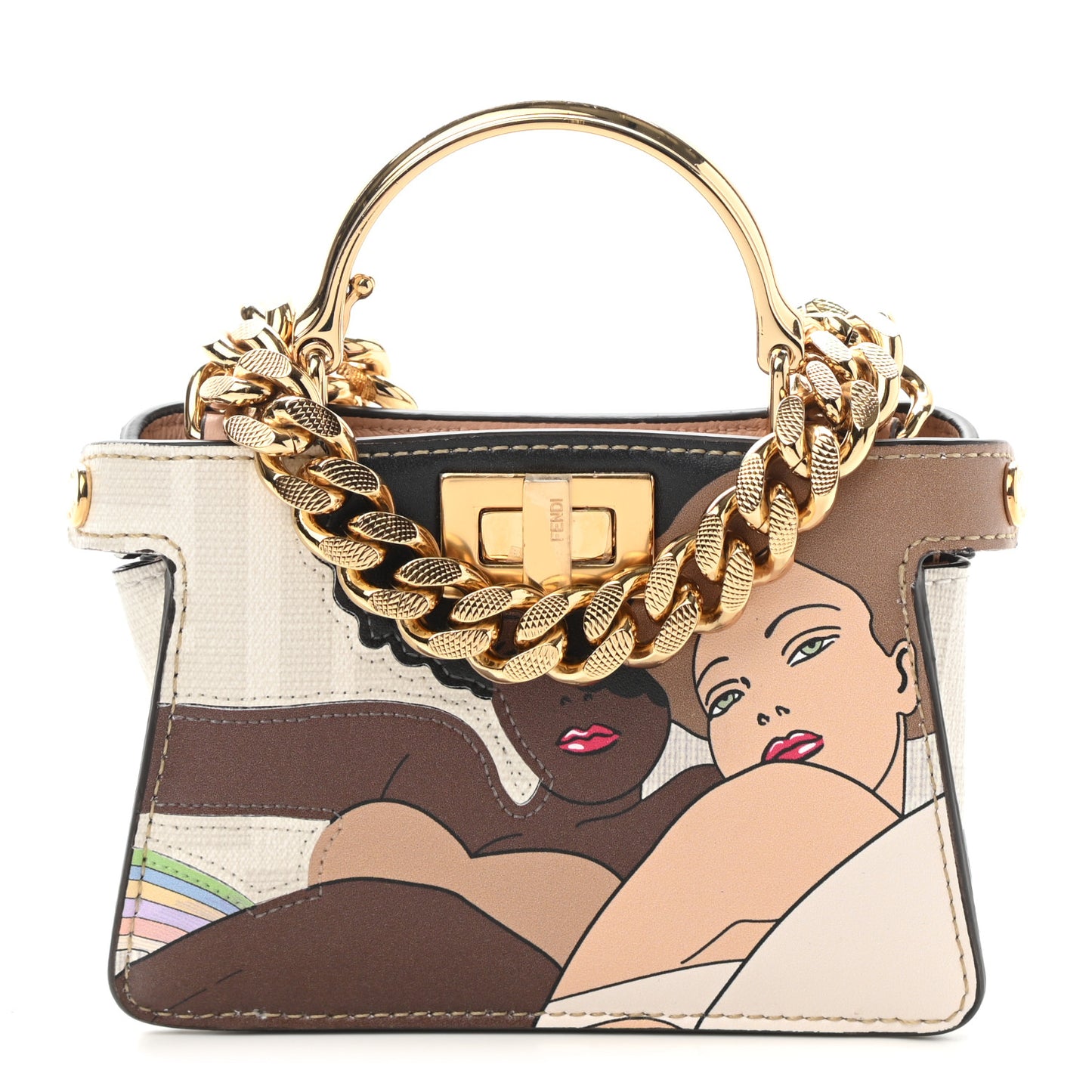 Glazed Fabric FF Bikini Girls Inlay Nano Peekaboo Maxi Handle Satchel Bianco Perla Multicolor