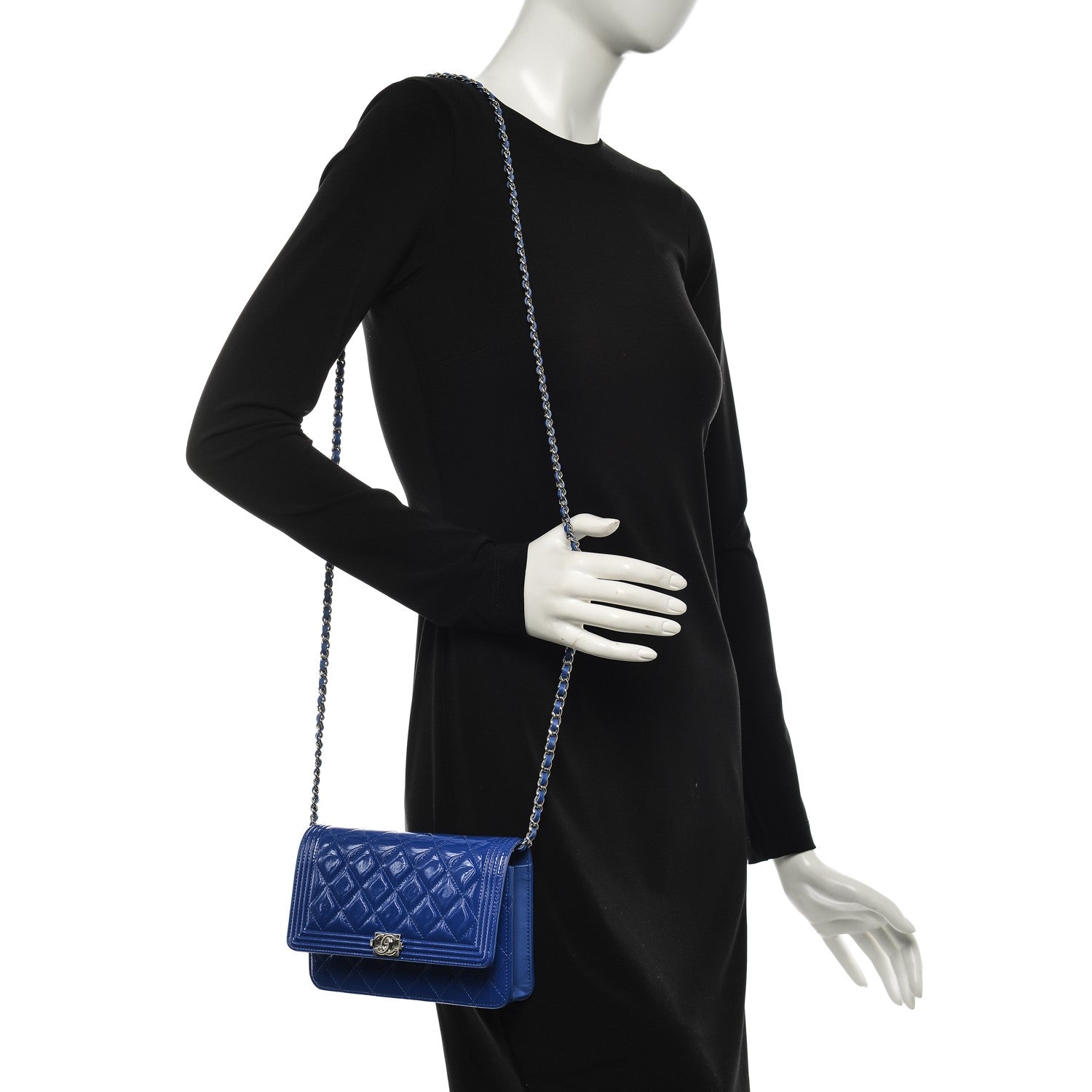 Chanel Patent Calfskin Quilted Boy Wallet On Chain WOC Dark Blue 2 of 9