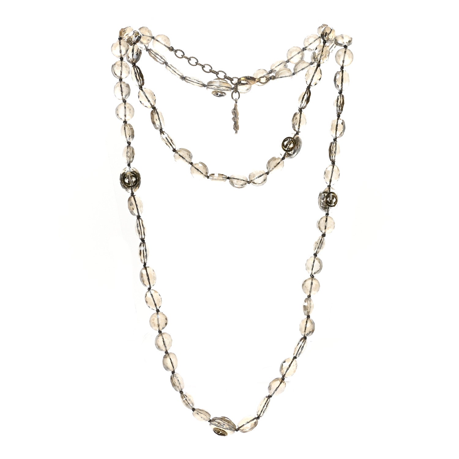 Gucci Metal Crystal Bead Flower Long Necklace Gold 3 of 7