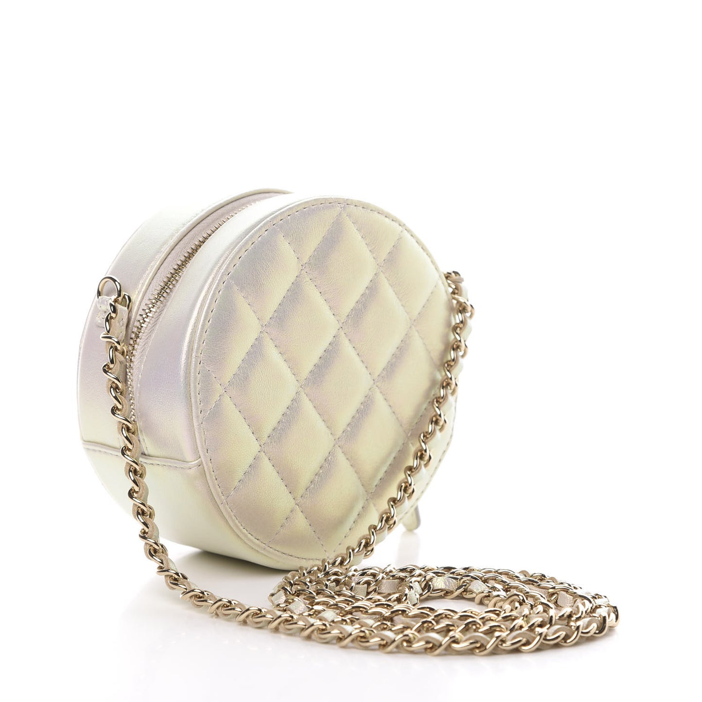 Iridescent Lambskin Quilted Round Clutch With Chain Ivory