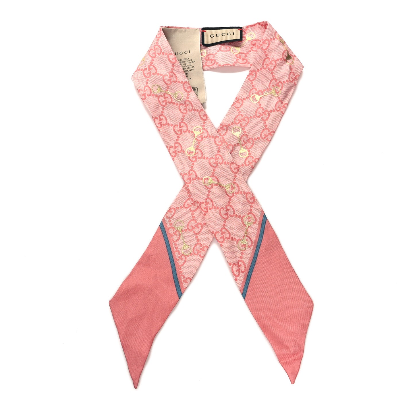 Silk Twill GG Monogram Gold Horsebity Neck Bow Scarf Pink Sky Blue