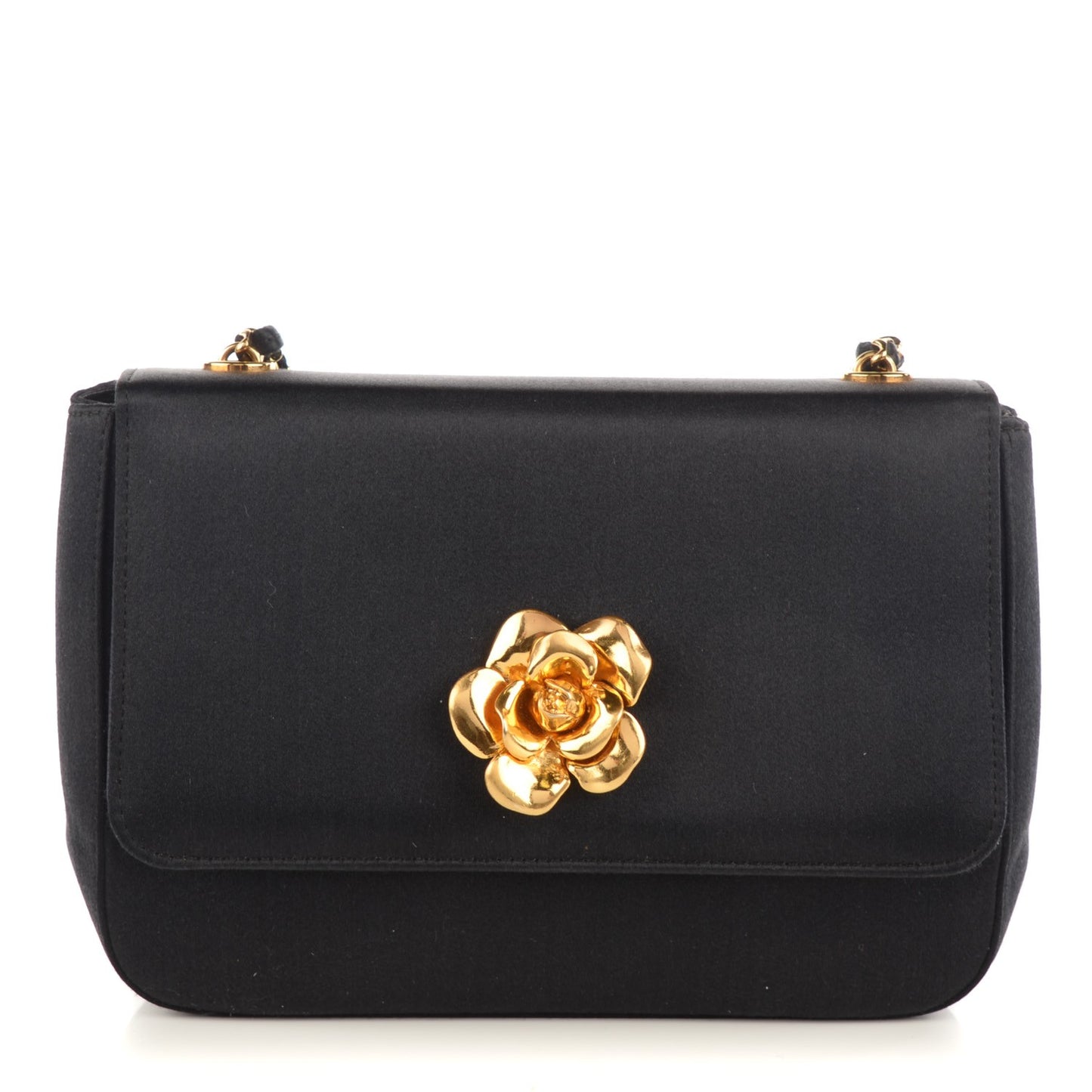 Satin Mini Camellia Flap Black