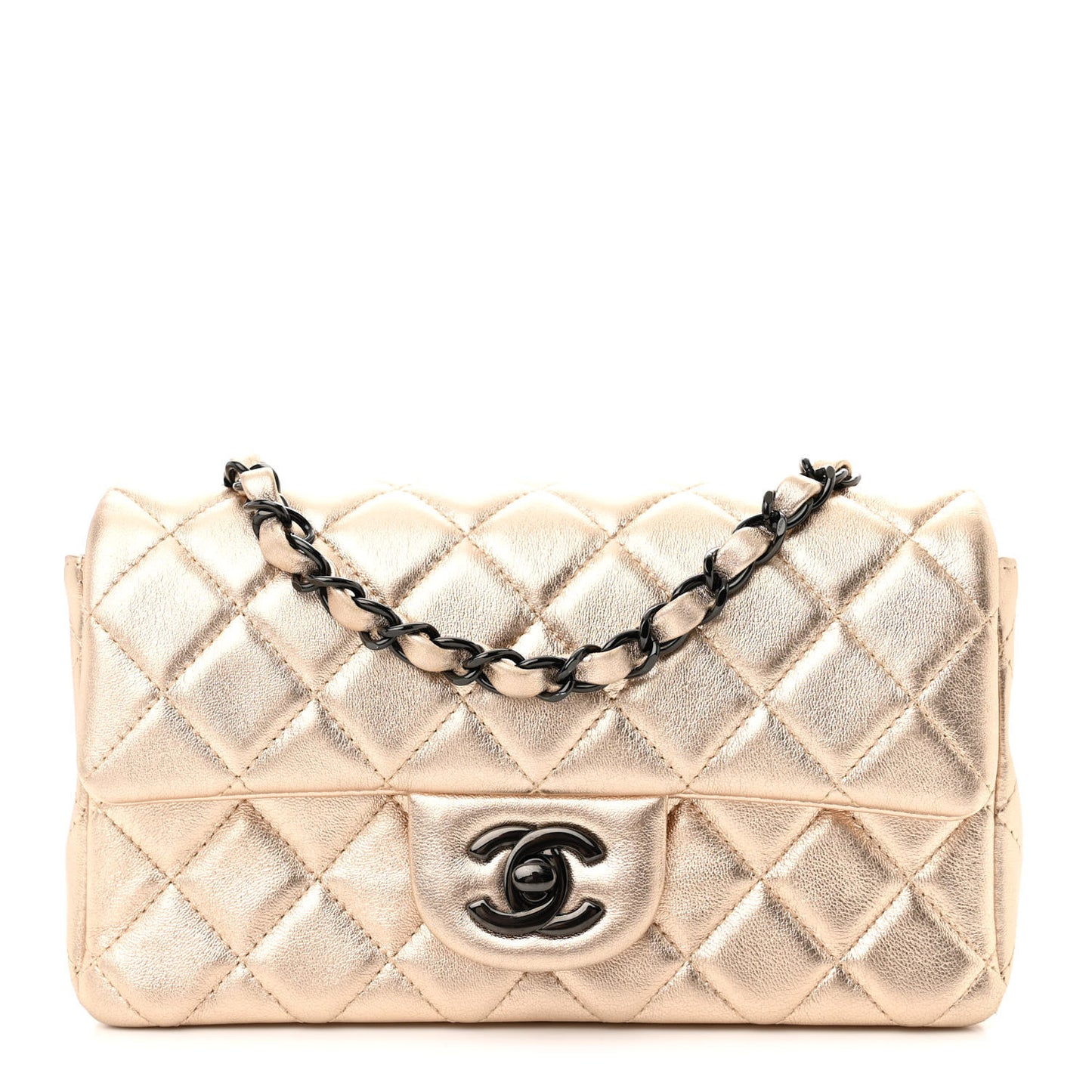 Metallic Lambskin Quilted Mini Rectangular Flap Gold Black