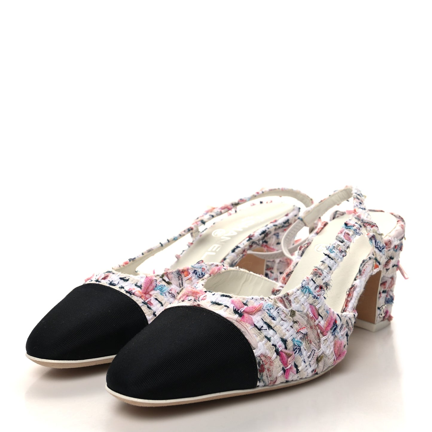 Tweed Lambskin Cap Toe CC Slingback Pumps 38 White Multicolor