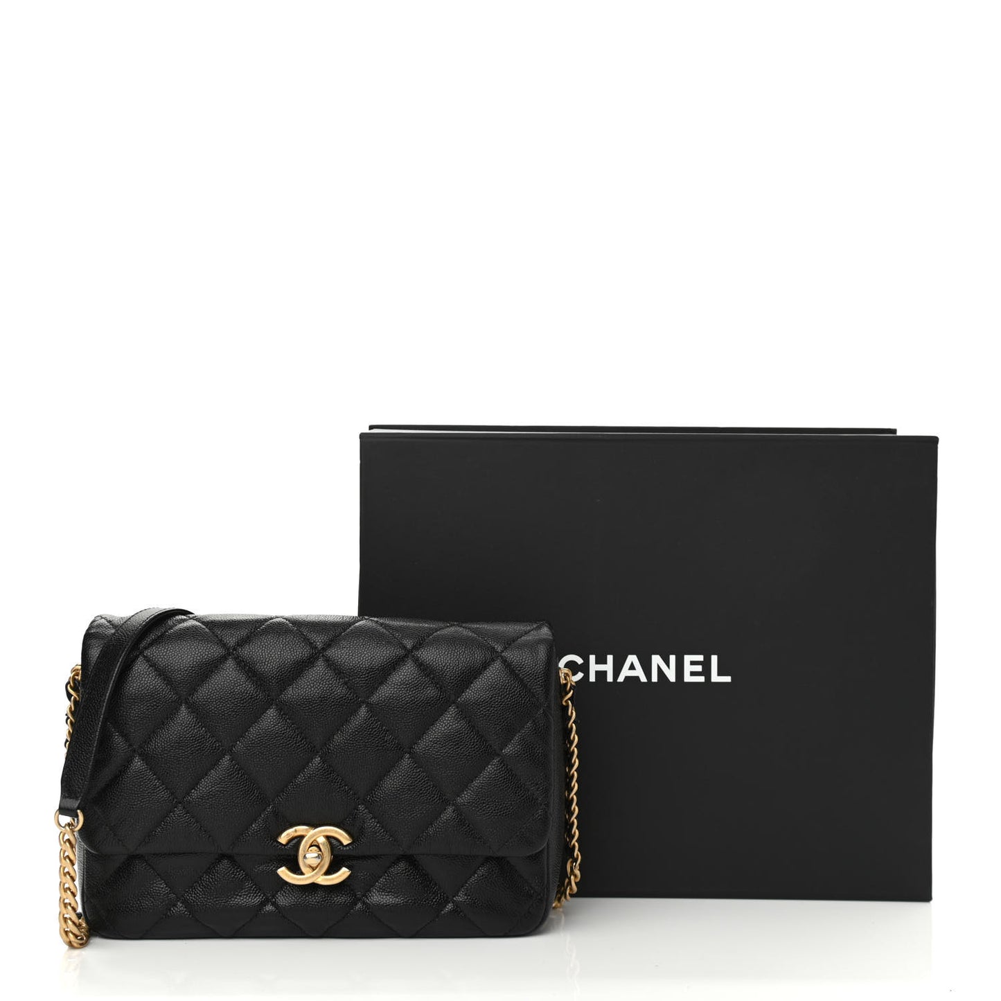 Shiny Caviar Quilted Large Chain Melody Flap Black