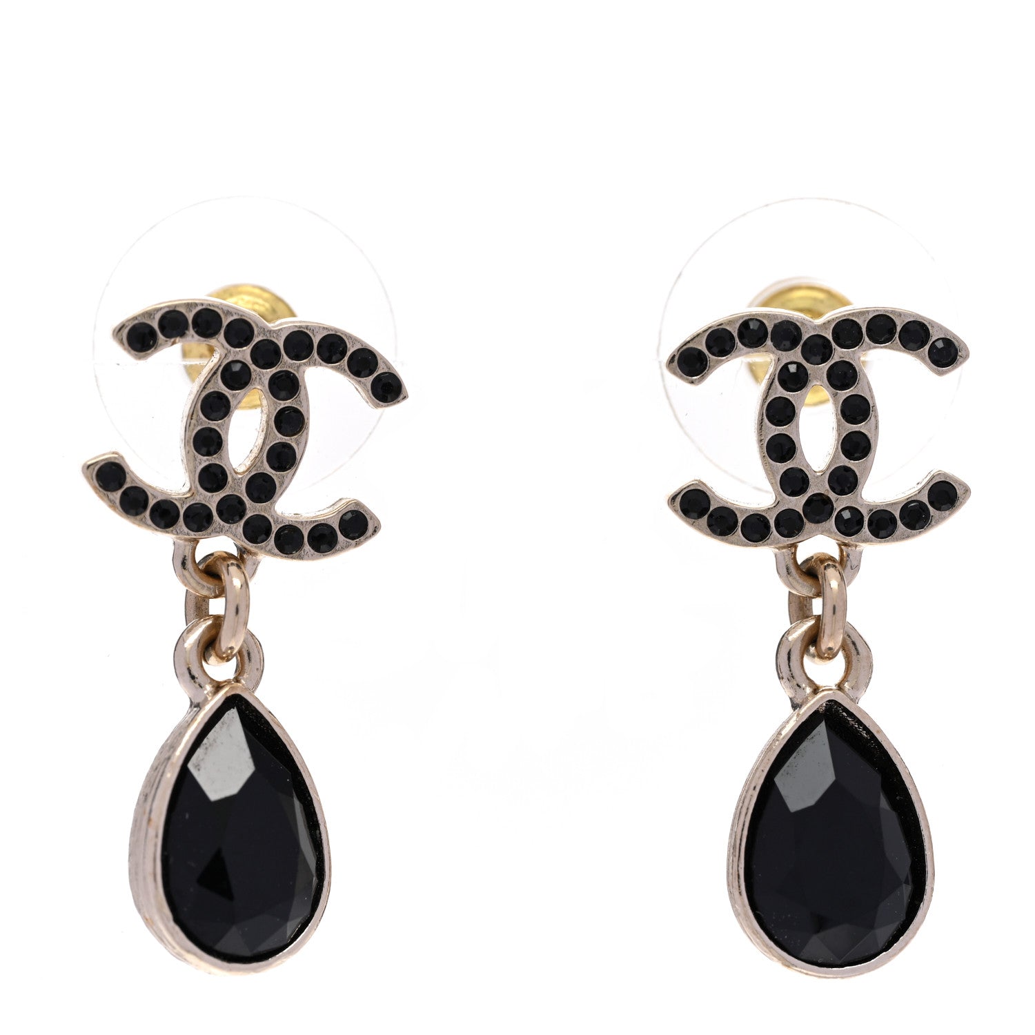 Chanel Crystal CC Teardrop Earrings Gold Black 1 of 5