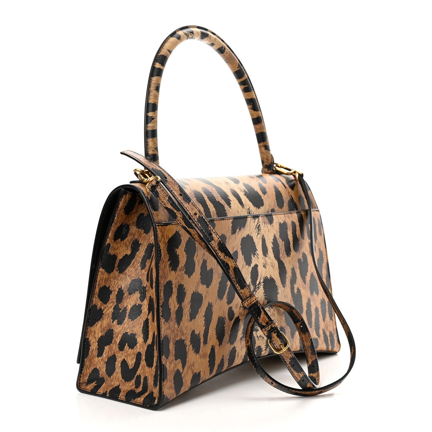 Smooth Calfskin Leopard Print Medium Hourglass Top Handle Bag Beige