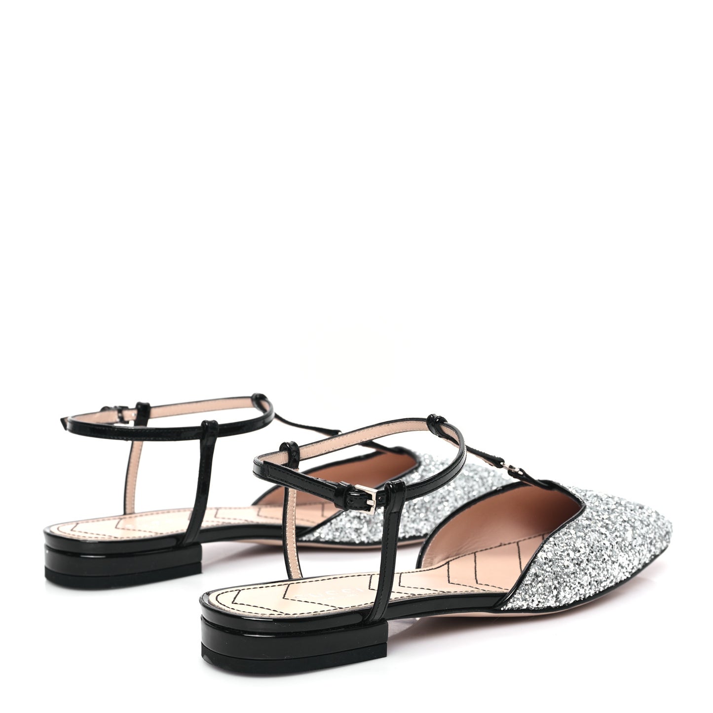 Calfskin Glitter Double G Slingback Flats 36.5 Silver Black