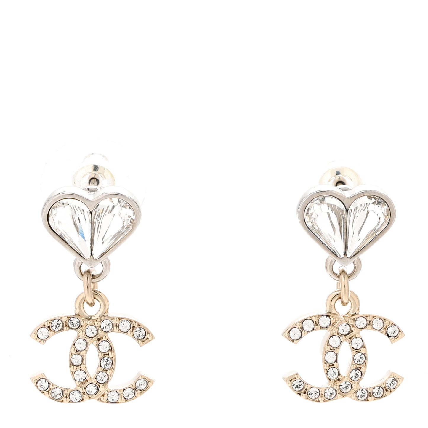 Crystal CC Heart Drop Earrings Gold Silver