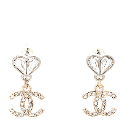 Chanel Crystal CC Heart Drop Earrings Gold Silver 1 of 5
