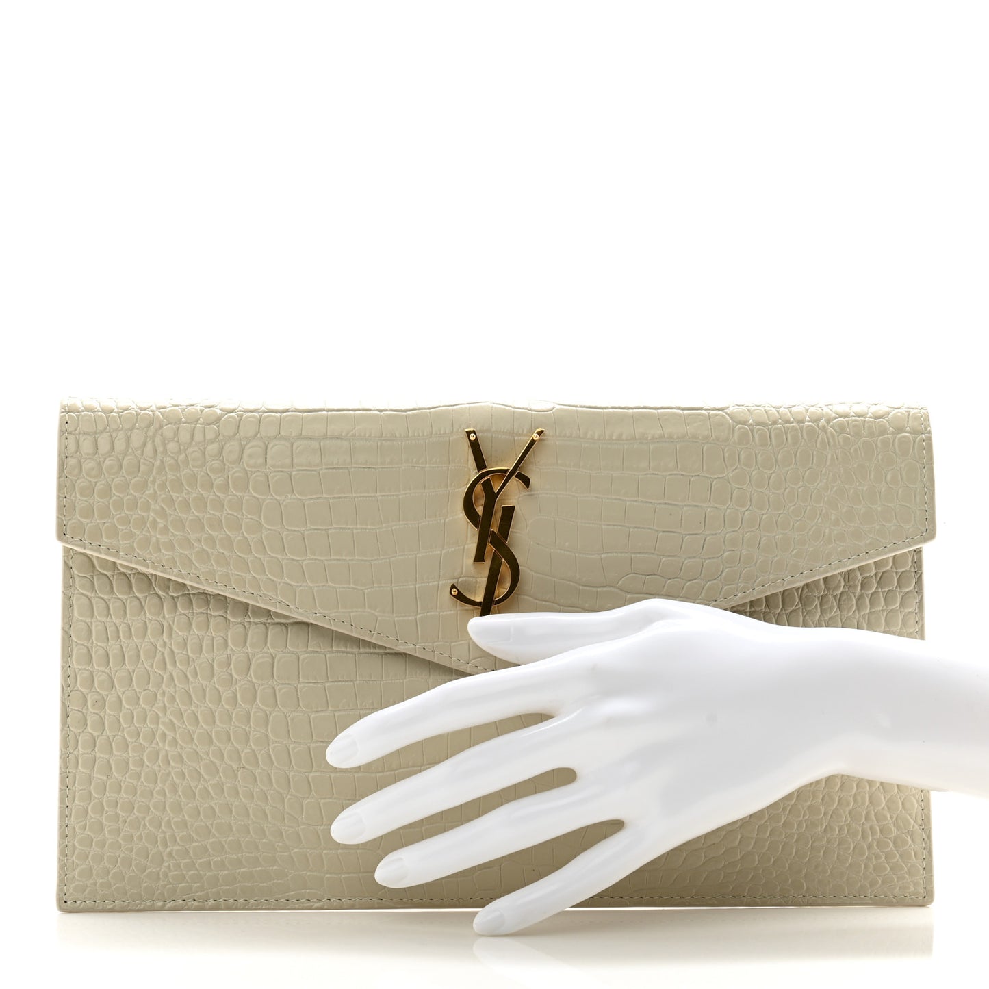 Calfskin Crocodile Embossed Uptown Monogram Pouch Crema Soft