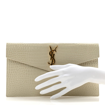 Saint Laurent Calfskin Crocodile Embossed Uptown Monogram Pouch Crema Soft 2 of 10