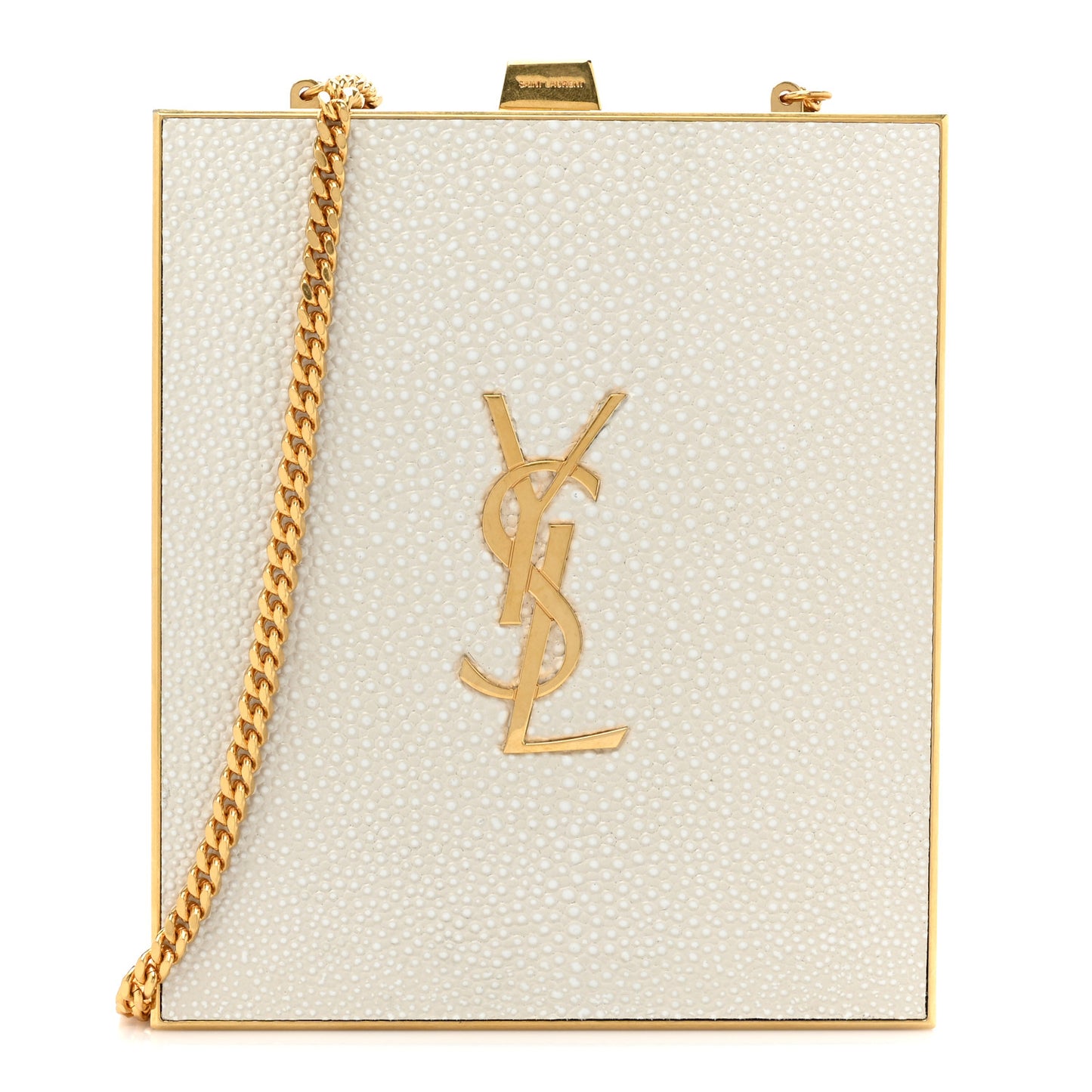 Metal Calfskin Shagreen Embossed Monogram Minaudiere Tuxedo Box Clutch Blanc Vintage Light Bronze