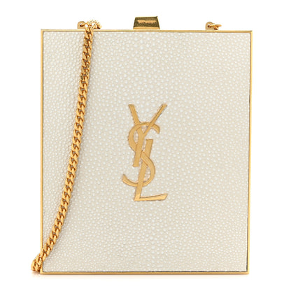 Saint Laurent Metal Calfskin Shagreen Embossed Monogram Minaudiere Tuxedo Box Clutch Blanc Vintage Light Bronze 1 of 10