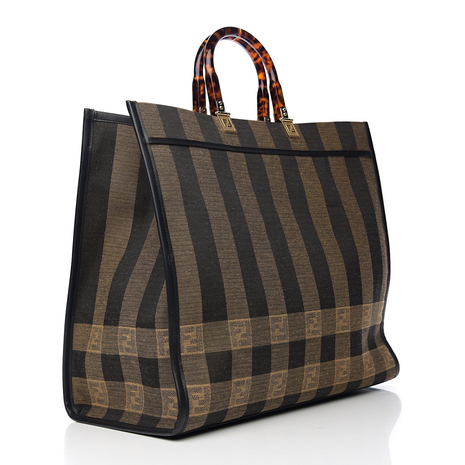 Fendi Fabric Jacquard Vitello Seta Plexiglass Pequin Gingham Large Fendi Sunshine Shopper Tote Tobacco Moro Black 2 of 11