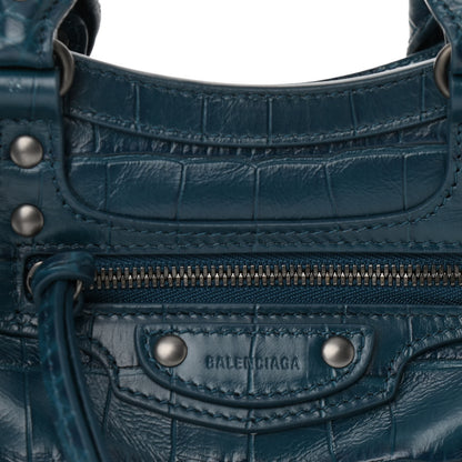 Balenciaga Calfskin Crocodile Embossed Neo Classic Silver Hardware Mini City Dark Petrol Blue 7 of 9