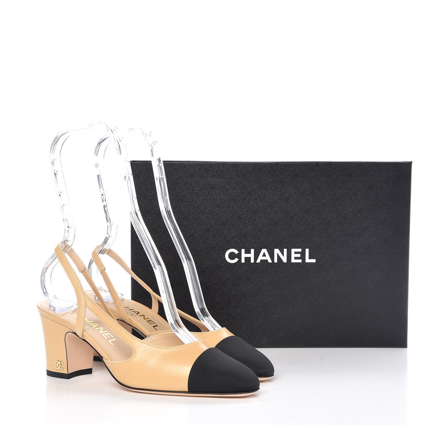 Goatskin Grosgrain Cap Toe CC Slingback Pumps 36 Beige Black
