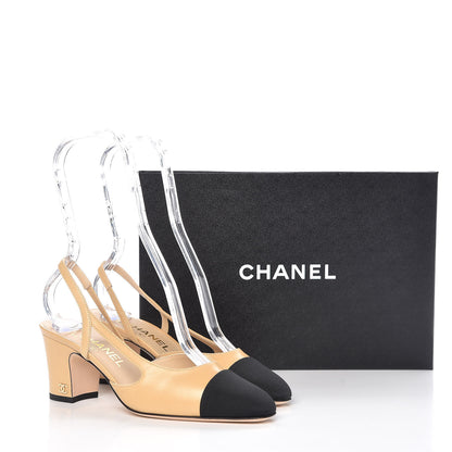 Chanel Goatskin Grosgrain Cap Toe CC Slingback Pumps 36 Beige Black 9 of 9