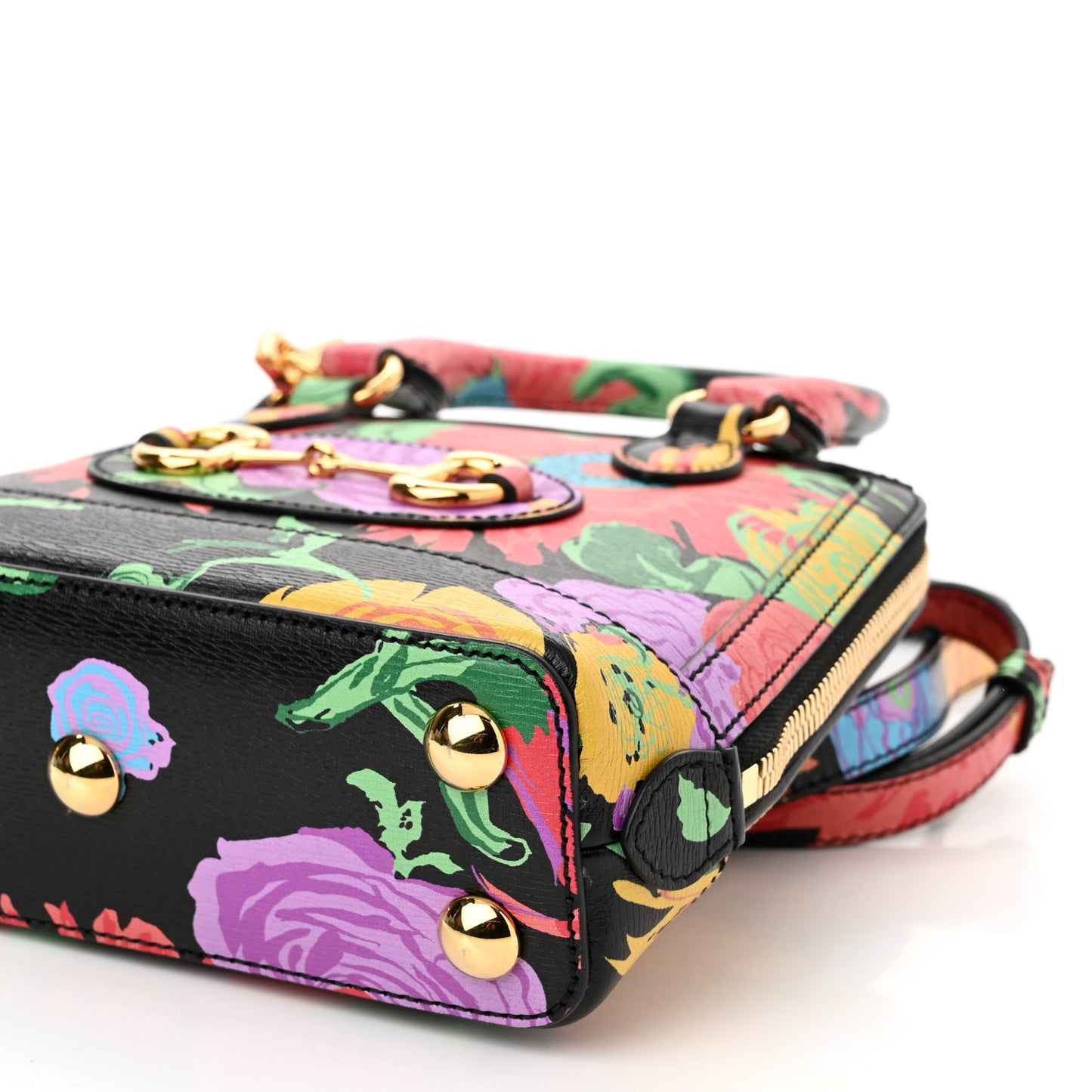 X KEN SCOTT New Shangai Calfskin Jenny Floral Print Mini Horsebit 1955 Top Handle Bag Black Pink