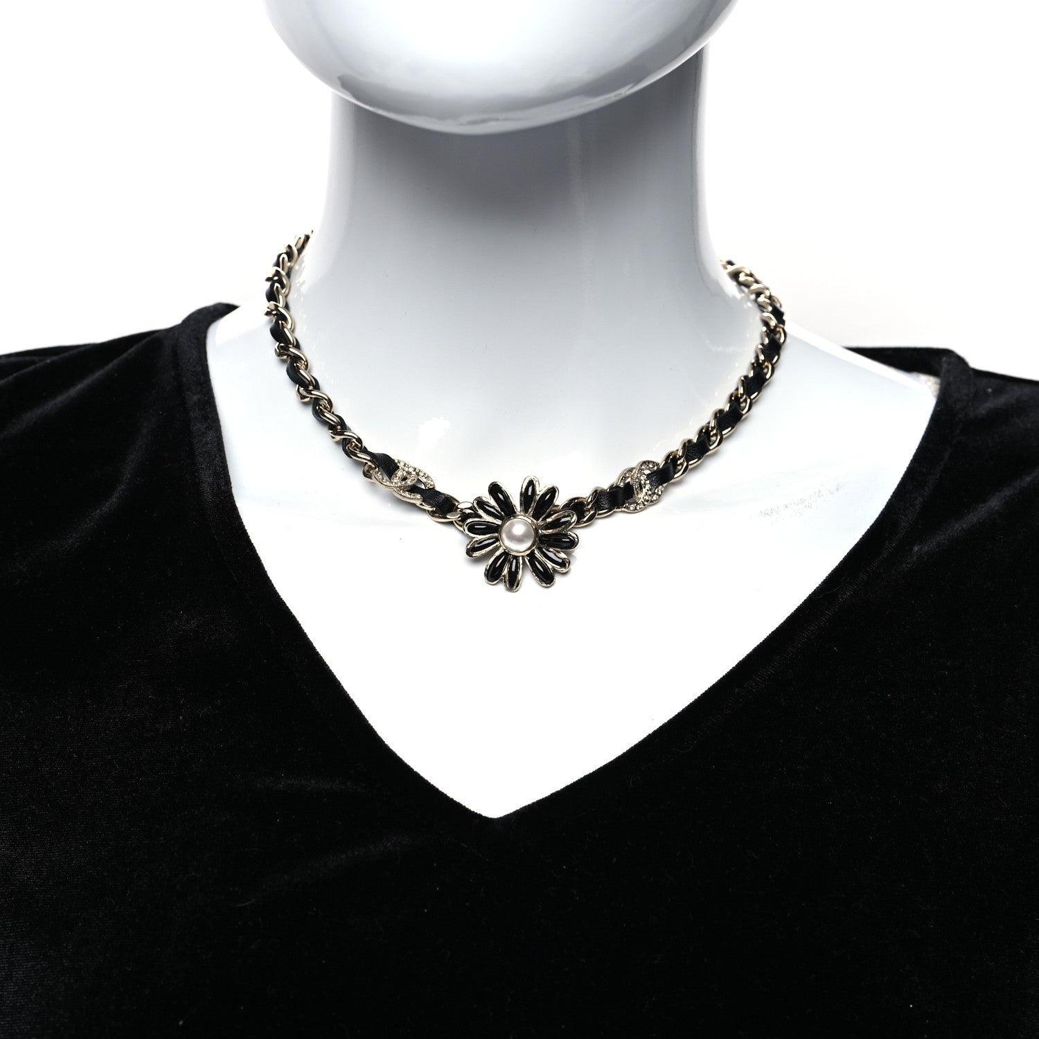 Chanel Lambskin Crystal Pearl CC Daisy Choker Gold Black White 2 of 5