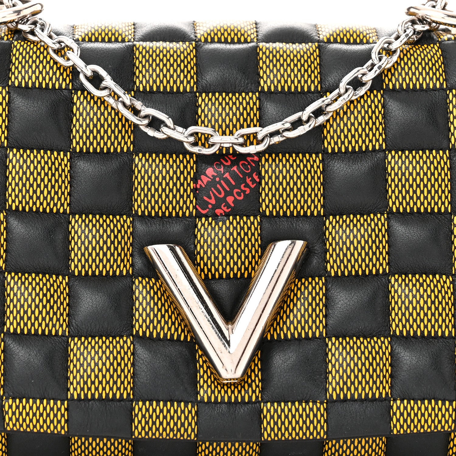 Louis Vuitton Calfskin Damier Twist Shoulder Bag BB Black Yellow 7 of 11