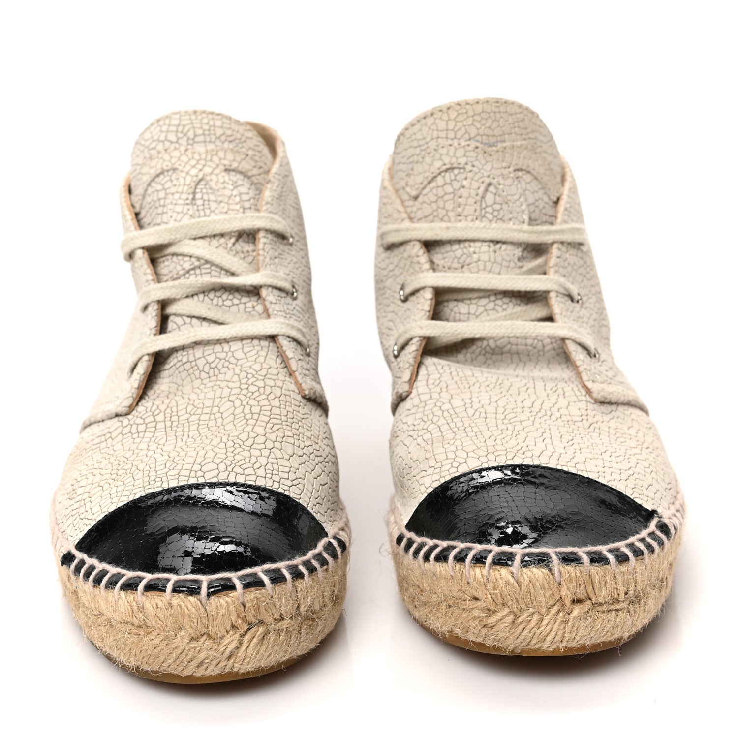Chanel Crackled Calfskin High Top Espadrilles 37 Light Beige Black 2 of 9