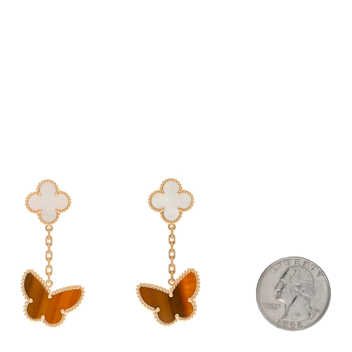 VAN CLEEF & ARPELS 18K Yellow Gold Mother of Pearl Tiger's Eye Lucky Alhambra 2 Motifs Butterfly Earrings