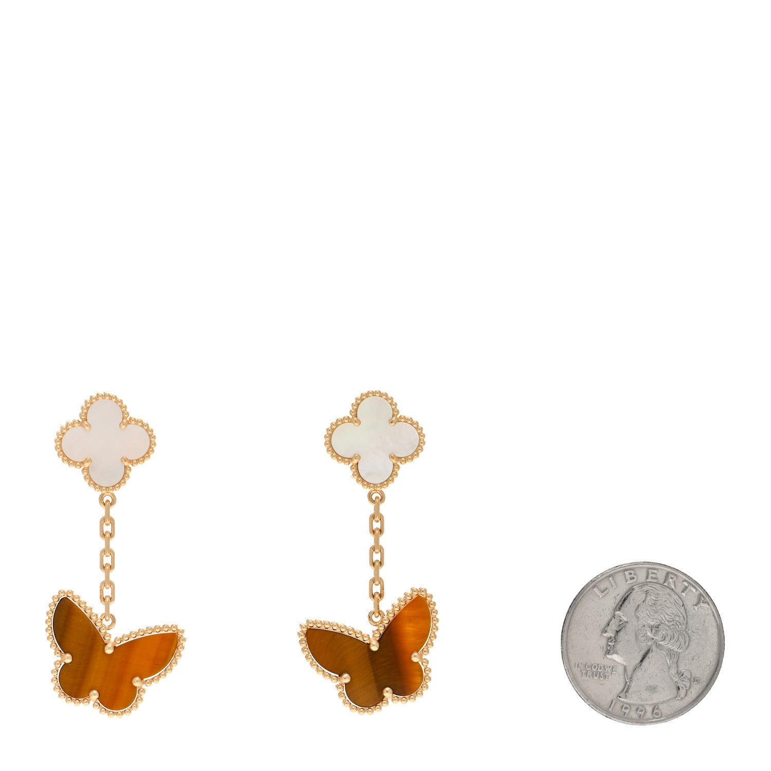 Van Cleef & Arpels VAN CLEEF & ARPELS 18K Yellow Gold Mother of Pearl Tiger's Eye Lucky Alhambra 2 Motifs Butterfly Earrings 2 of 4