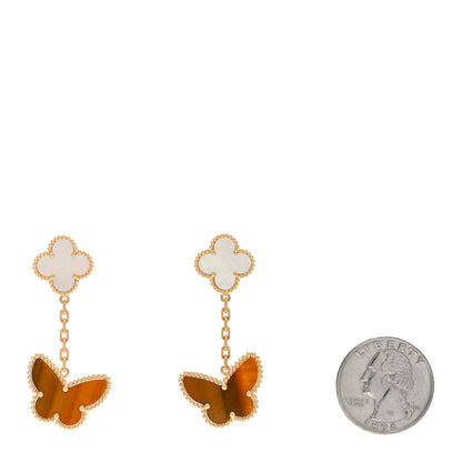 Van Cleef & Arpels VAN CLEEF & ARPELS 18K Yellow Gold Mother of Pearl Tiger's Eye Lucky Alhambra 2 Motifs Butterfly Earrings 2 of 4