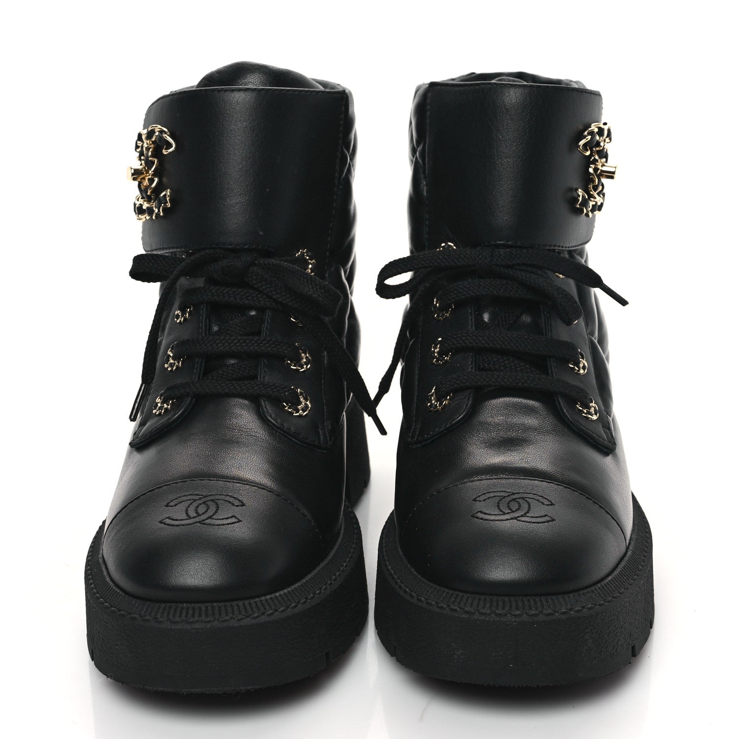 Chanel Lambskin Calfskin Quilted Lace Up Combat Boots 40 Black 2 of 10
