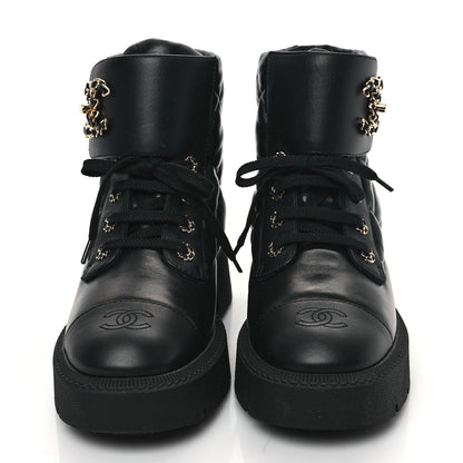 Chanel Lambskin Calfskin Quilted Lace Up Combat Boots 40 Black 2 of 10