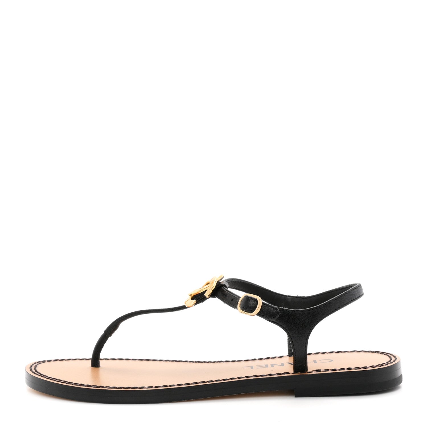 Gucci CHANEL Lambskin CC Thong Sandals 35 38 Black Gold 1 of 9