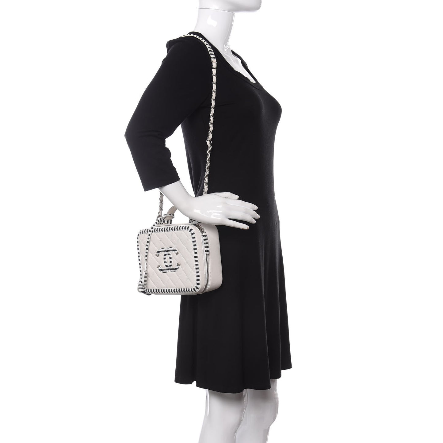 Caviar Quilted Striped Medium CC Filigree Vanity Case White Black