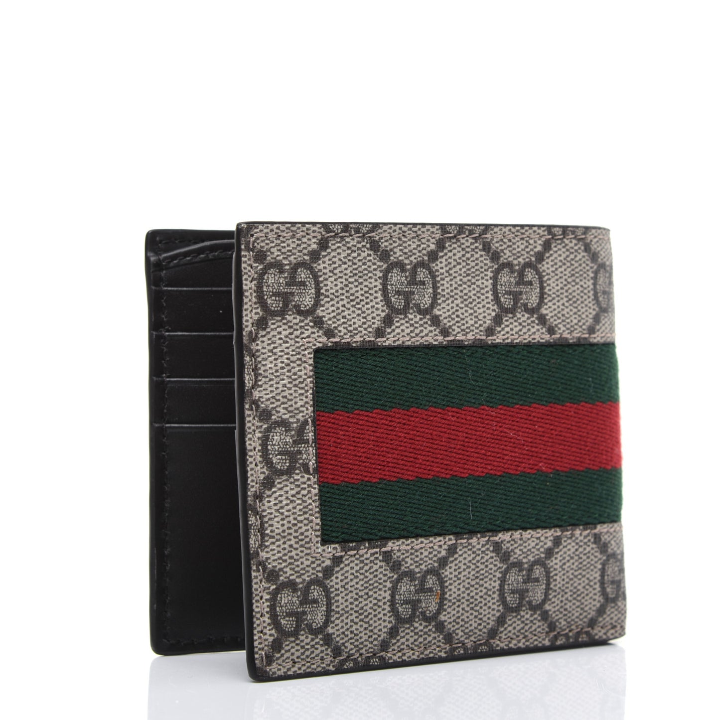 GG Supreme Monogram Selleria Calfskin Web New Web Bi-Fold Wallet Beige Ebony Cocoa