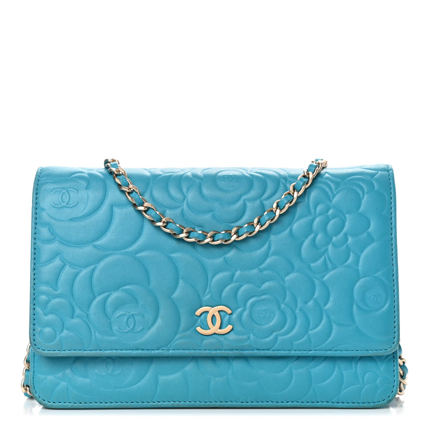 Lambskin Camellia Embossed Wallet On Chain WOC Turquoise