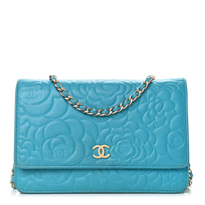 Chanel Lambskin Camellia Embossed Wallet On Chain WOC Turquoise 1 of 9