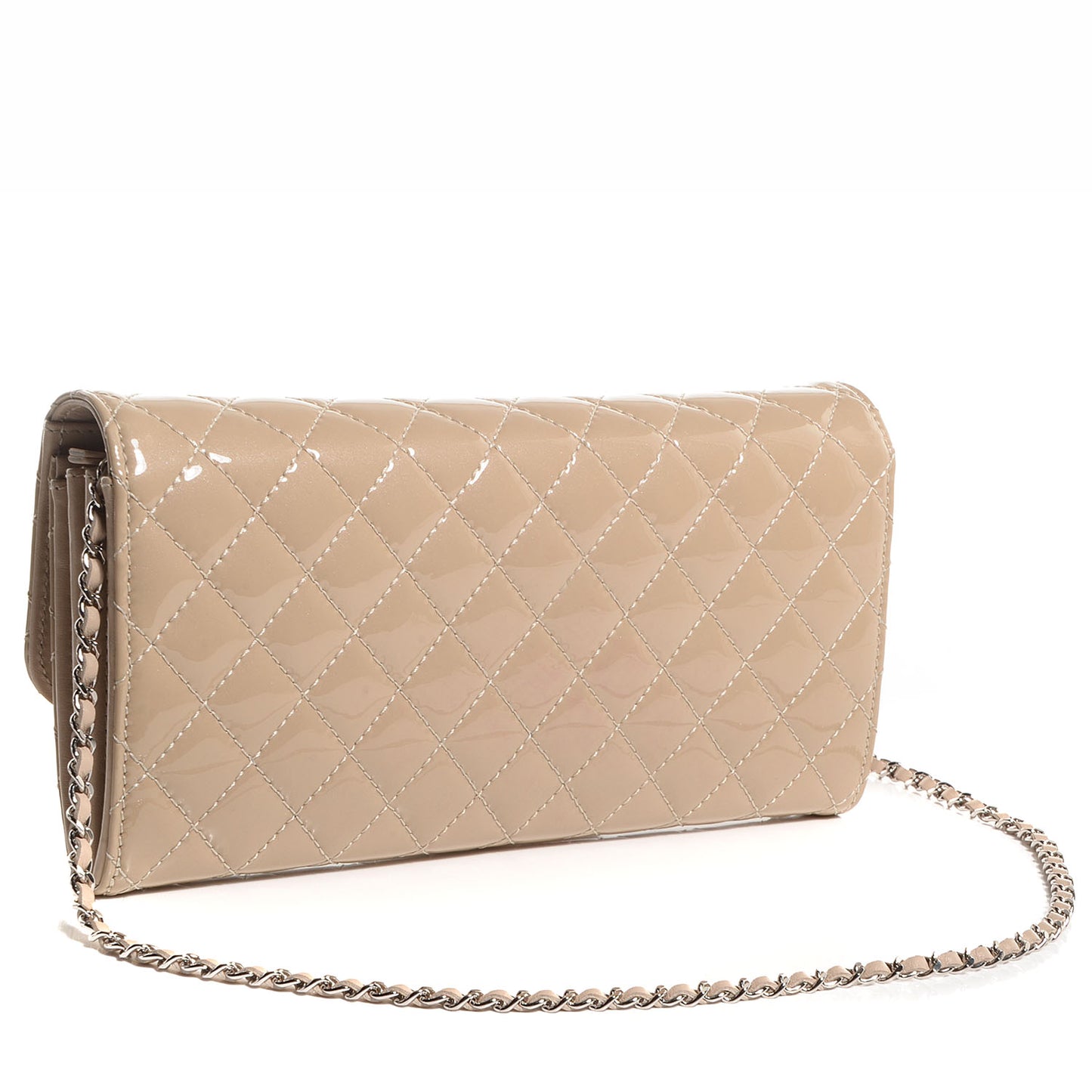Patent Quilted Brilliant East West Clutch with Chain Beige