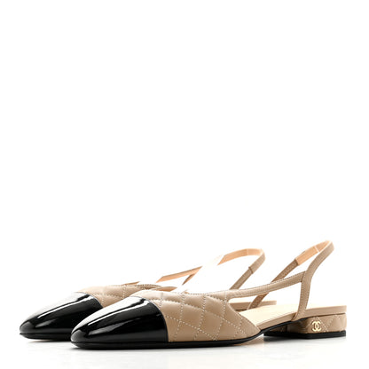 Chanel Lambskin Patent Cap Toe CC Slingback Flats 39 Beige Black 3 of 8