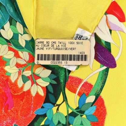 Hermes Silk Au Coeur de la Vie Scarf 90 Jaune Vif Turquoise Vert 2 of 2