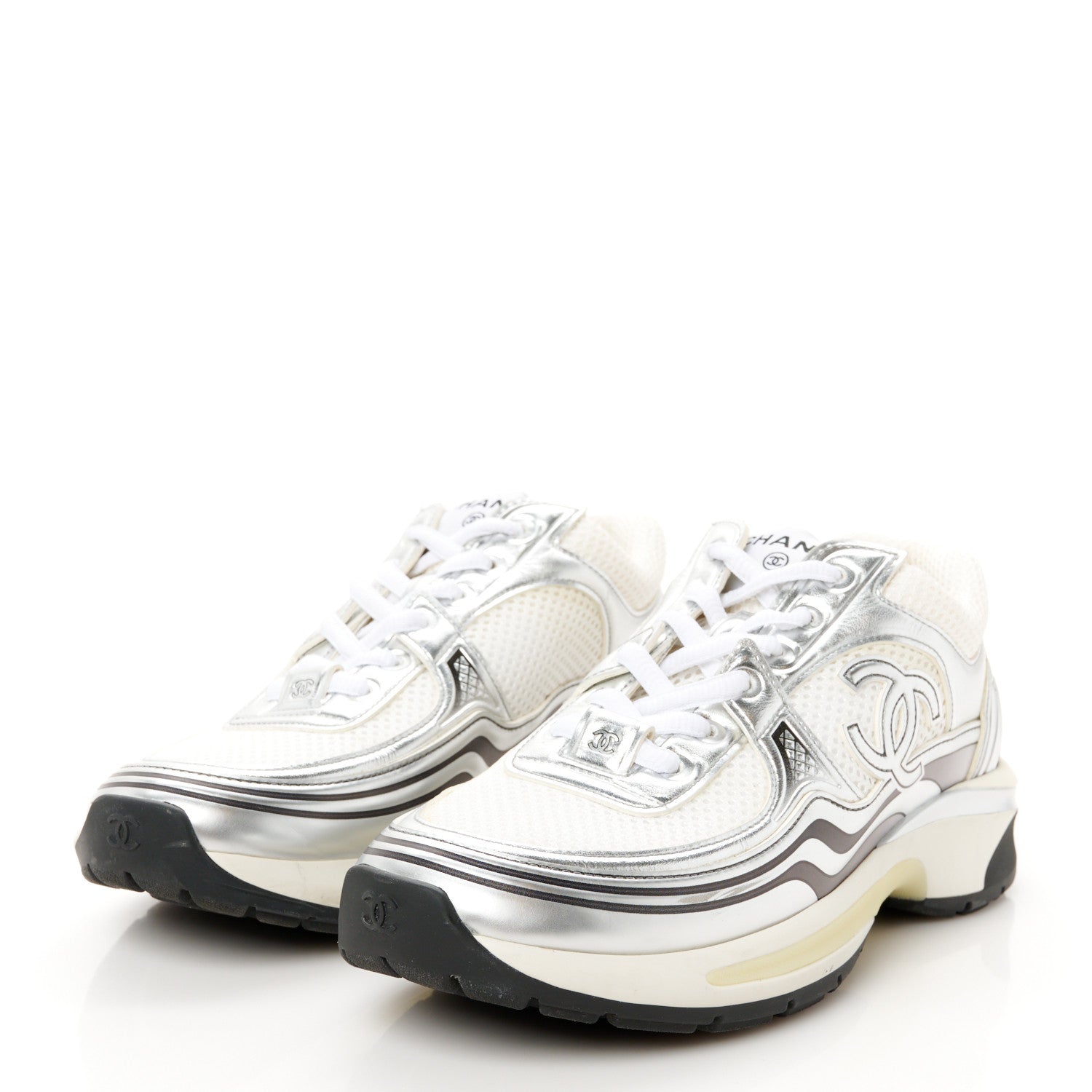 Chanel Fabric Laminated Calfskin Stretch CC Womens Sneakers 37 White Silver 4 of 9